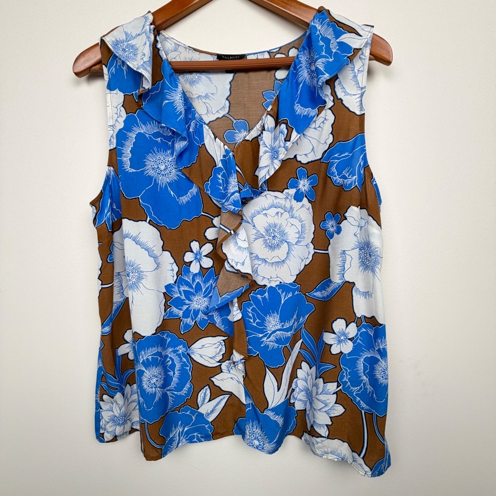 Talbots Floral Ruffle Womens Large Blue Brown Sleeveless V-Neck Top